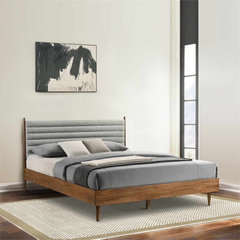 Armen Living Artemio King Platform Wood Bed Frame with Slim Track Arms in Walnut