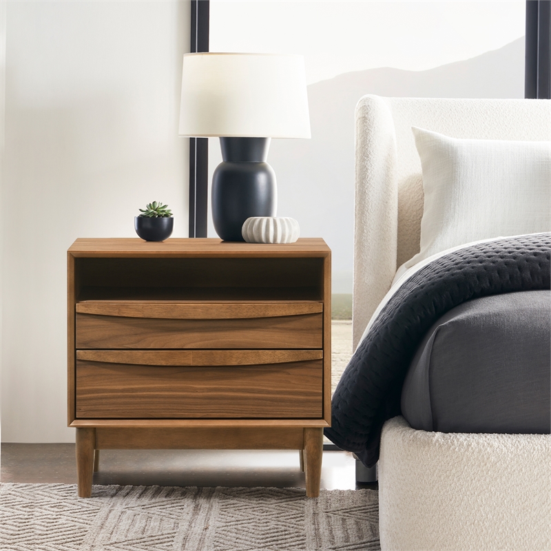 Armen Living Artemio 2-Drawer Wood Nightstand with Shelf in Walnut