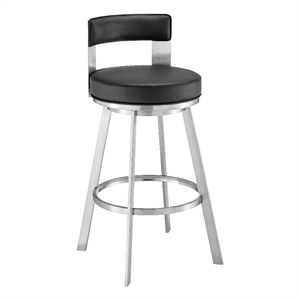Armen Living Flynn 30&quot Swivel Stainless Steel & Faux Leather Bar Stool in Black