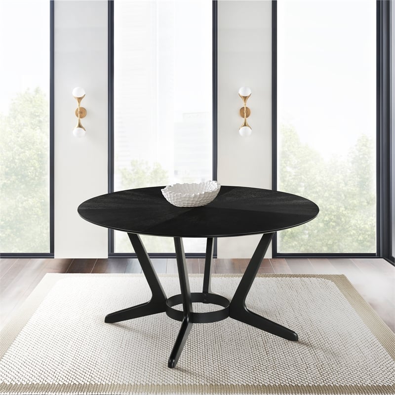 Armen Living Santana Round Wood Dining Table with Splayed Legs in Black