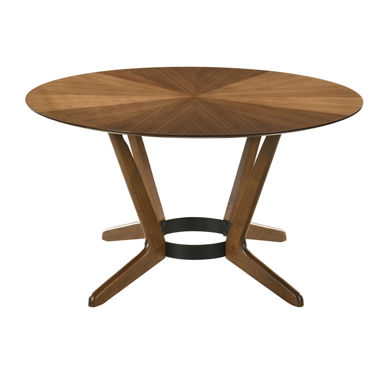 Armen Living Santana Round Wood Dining Table with Splayed Legs in Walnut
