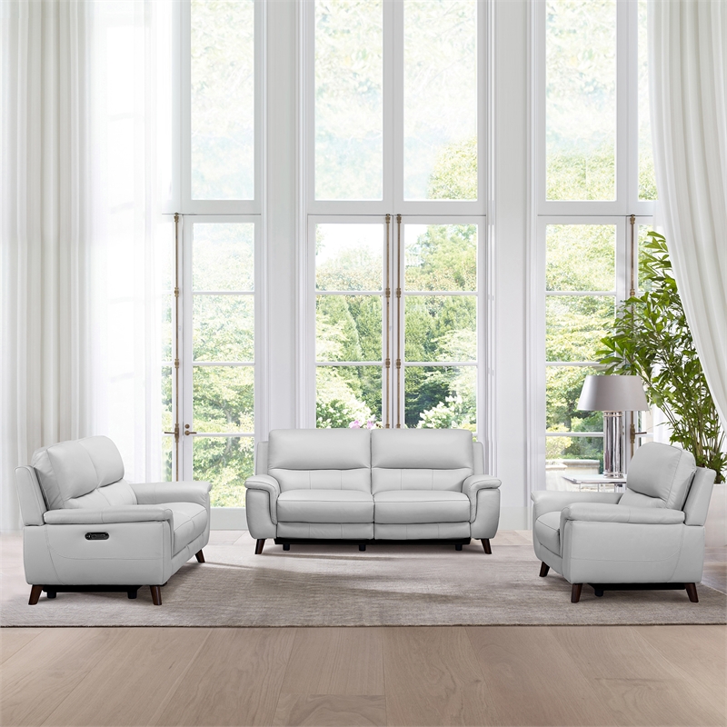 Armen Living Lizette 3-Piece Leather Living Room Power Recliner Set in Dove Gray