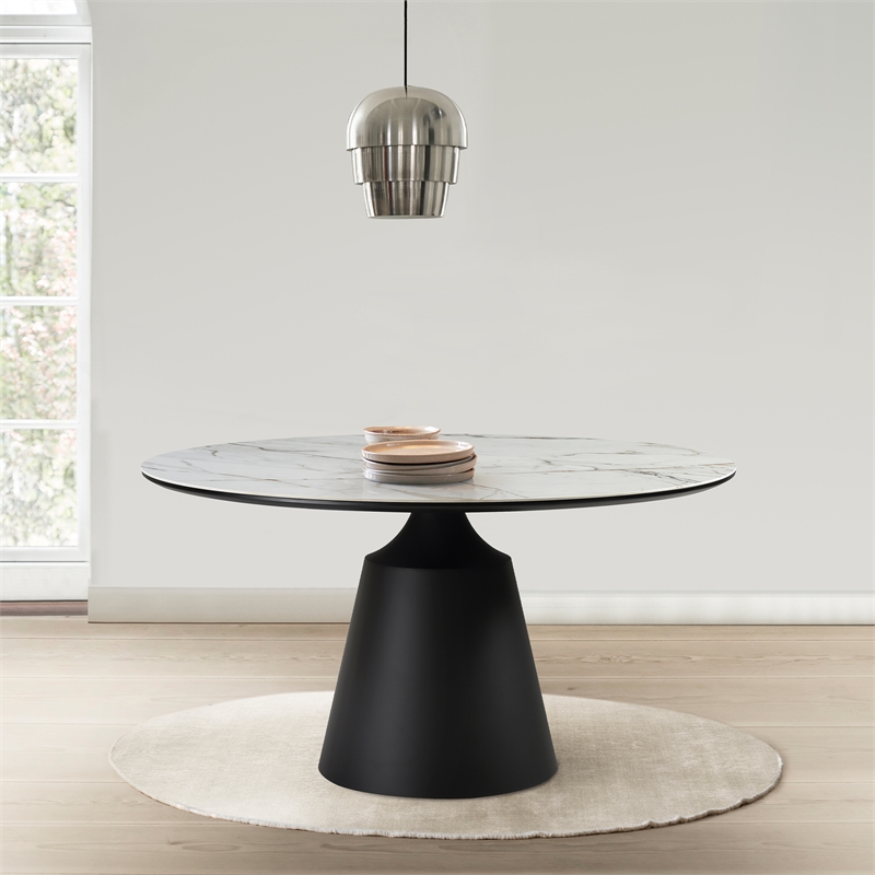 Armen Living Knox Round Stone & Metal Dining Table in Gray/Black
