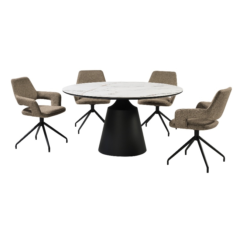 Knox Penny 5 Piece Dining Set with Stone Top and Brown Fabric Chairs