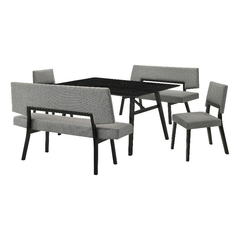 Channell 5 Piece Black Wood Dining Table Set with Benches in Charcoal Fabric