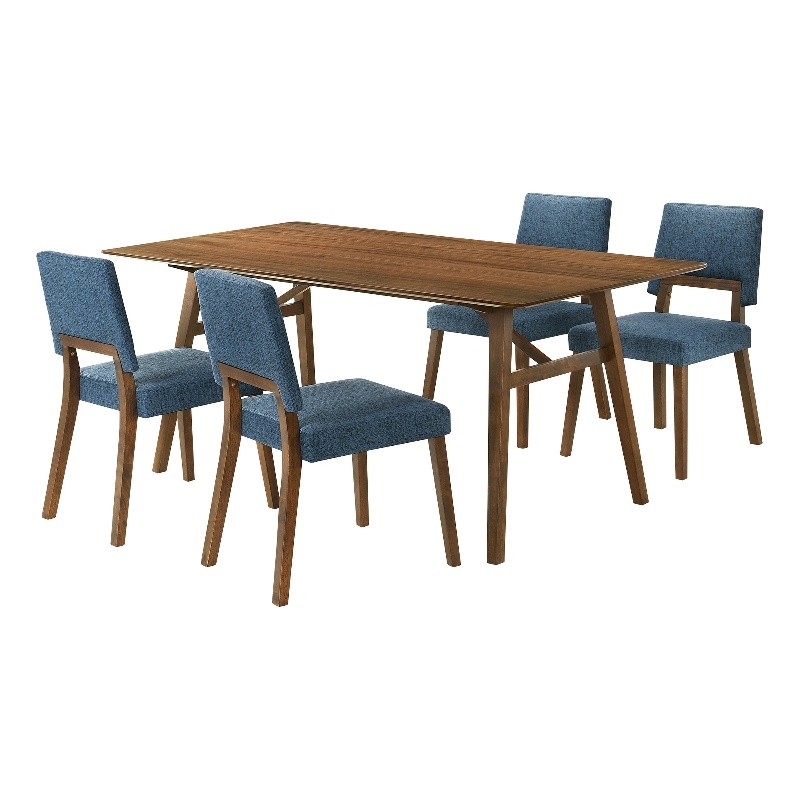 Channell 5 Piece Walnut Wood Dining Table Set with Blue Fabric