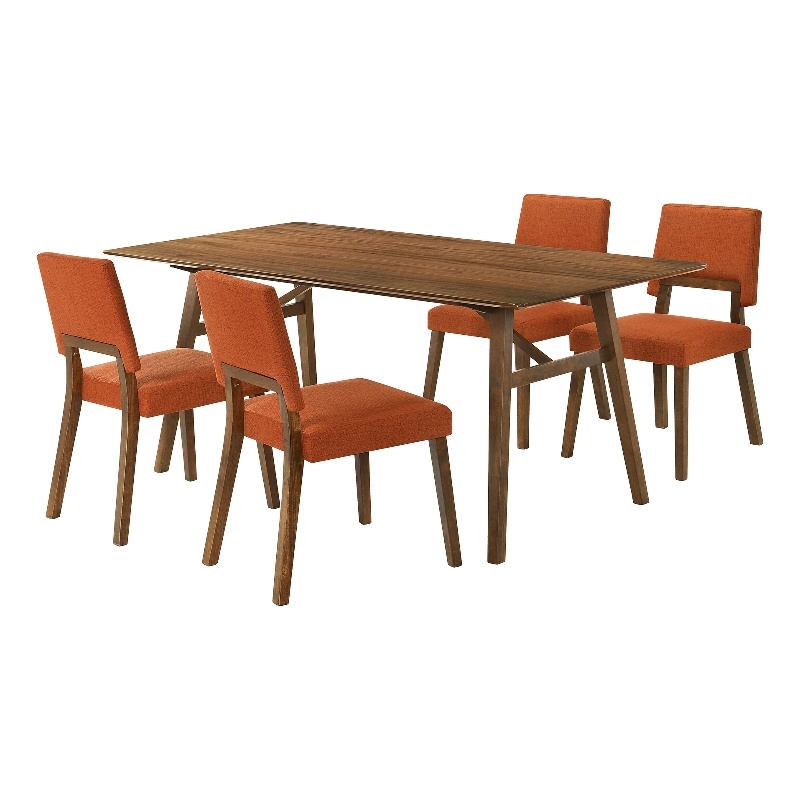 Channell 5 Piece Walnut Wood Dining Table Set with Orange Fabric