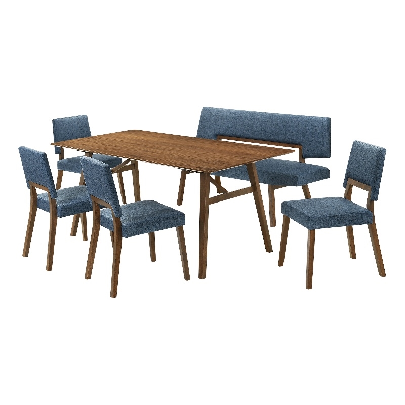 Channell 6 Piece Walnut Wood Dining Table Set with Bench in Blue Fabric