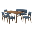 Channell 6 Piece Walnut Wood Dining Table Set with Bench in Blue Fabric