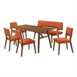 Channell 6 Piece Walnut Wood Dining Table Set with Bench in Orange Fabric