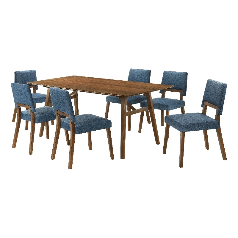 Channell 7 Piece Walnut Wood Dining Table Set with Blue Fabric