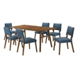 Channell 7 Piece Walnut Wood Dining Table Set with Blue Fabric