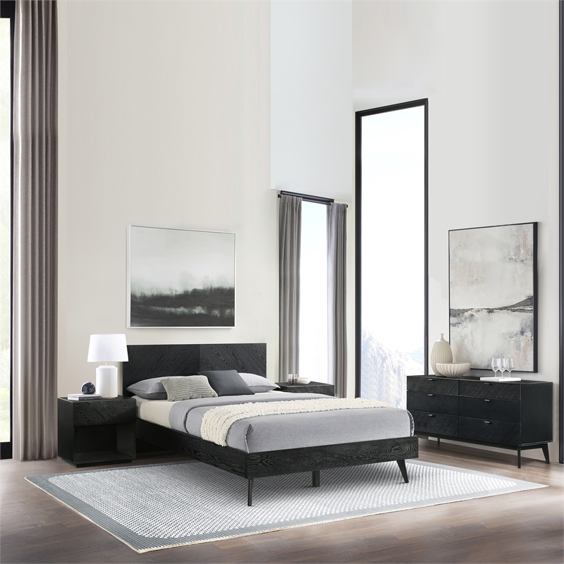 Petra Queen 4 Piece Wood Bedroom Set in Black Finish