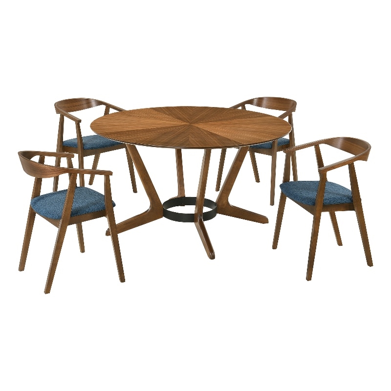 Santana 5 Piece Round Walnut Wood Dining Table Set with Blue Fabric