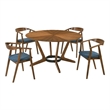 Santana 5 Piece Round Walnut Wood Dining Table Set with Blue Fabric