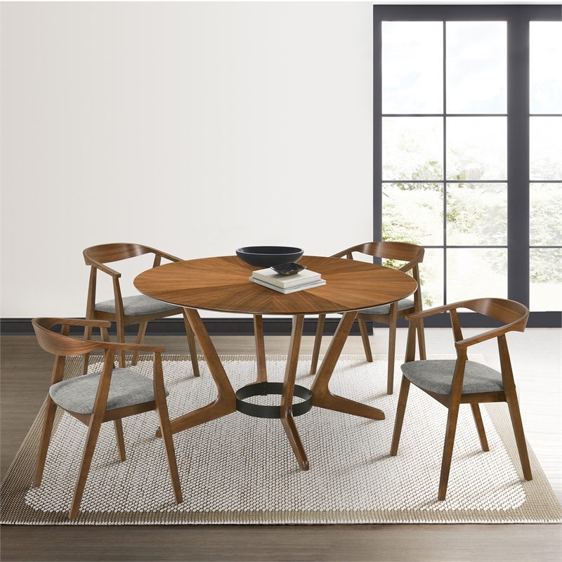 Santana 5 Piece Round Walnut Wood Dining Table Set with Charcoal Fabric