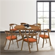 Santana 7 Piece Round Walnut Wood Dining Table Set with Orange Fabric