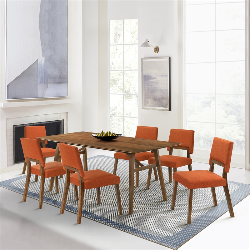channell 7 piece walnut wood dining table set with orange fabric