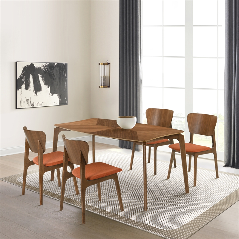 Kalia 5 Piece Wood Dining Set in Walnut Finish with Orange Fabric
