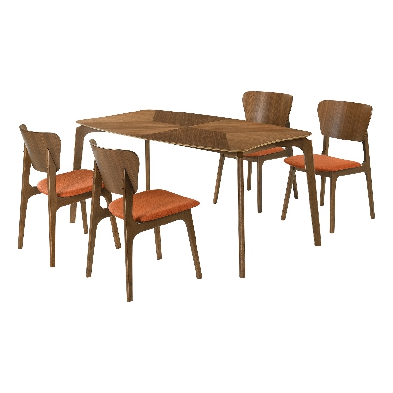Kalia 5 Piece Wood Dining Set in Walnut Finish with Orange Fabric