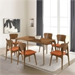 Kalia 7 Piece Wood Dining Set in Walnut Finish with Orange Fabric