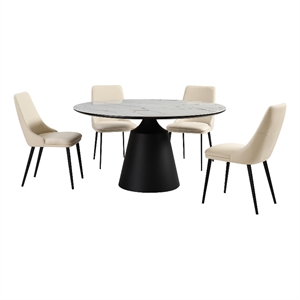 Knox Genesis 5 Piece Dining Set with Stone Top and Beige Faux Leather Chairs
