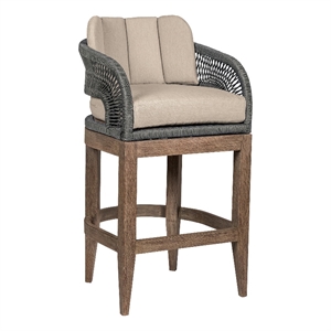 Orbit Outdoor 30&quot Bar Stool in Eucalyptus Wood with Gray Rope and Taupe Cushions