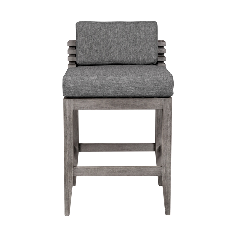 Vivid Outdoor Patio Bar Stool in Gray Eucalyptus Wood with Gray Olefin Cushions