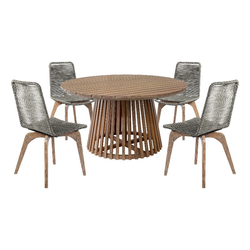 Escondido Island Outdoor 5 Piece Round Dining Set in Eucalyptus and Gray Rope