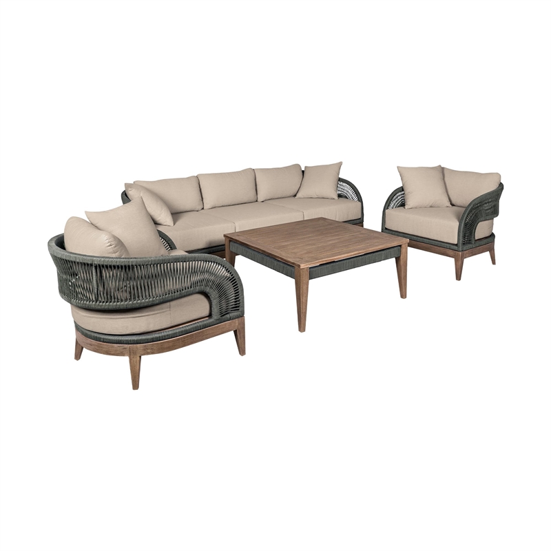 Orbit Outdoor 4 Piece Conversation Set in Eucalyptus with Rope and Cushions