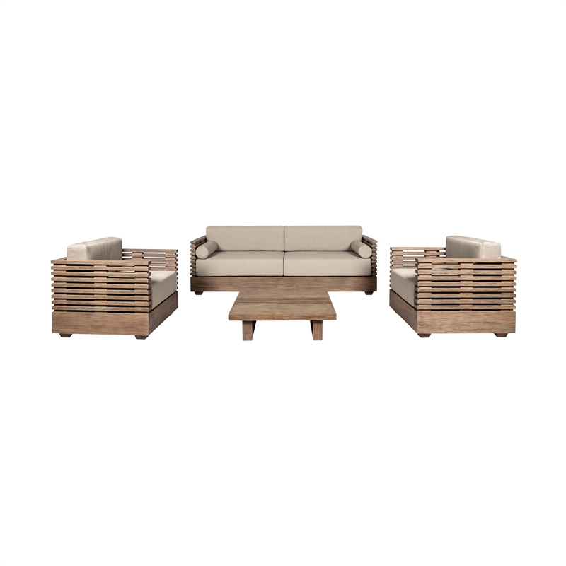 Vivid Outdoor 4 Piece Conversation Set in Light Eucalyptus Wood with Cushions