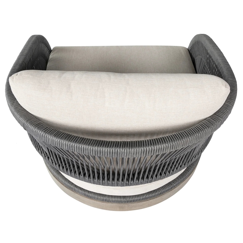Orbit Swivel Outdoor Chair in Eucalyptus Wood with Gray Rope and Taupe Cushions