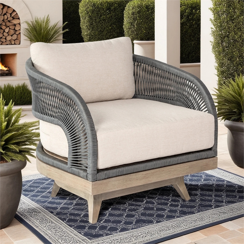 Orbit Swivel Outdoor Chair in Eucalyptus Wood with Gray Rope and Taupe Cushions
