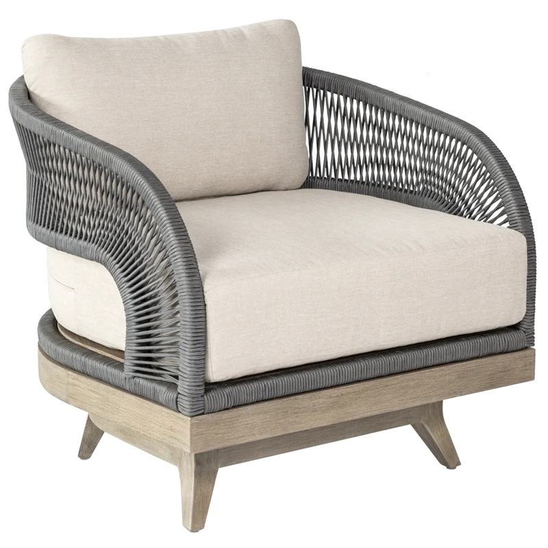 Orbit Swivel Outdoor Chair in Eucalyptus Wood with Gray Rope and Taupe Cushions