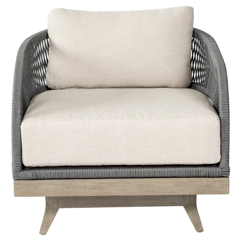 Orbit Swivel Outdoor Chair in Eucalyptus Wood with Gray Rope and Taupe Cushions