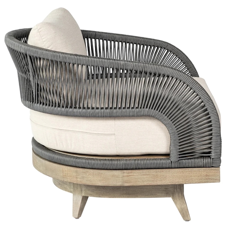 Orbit Swivel Outdoor Chair in Eucalyptus Wood with Gray Rope and Taupe Cushions