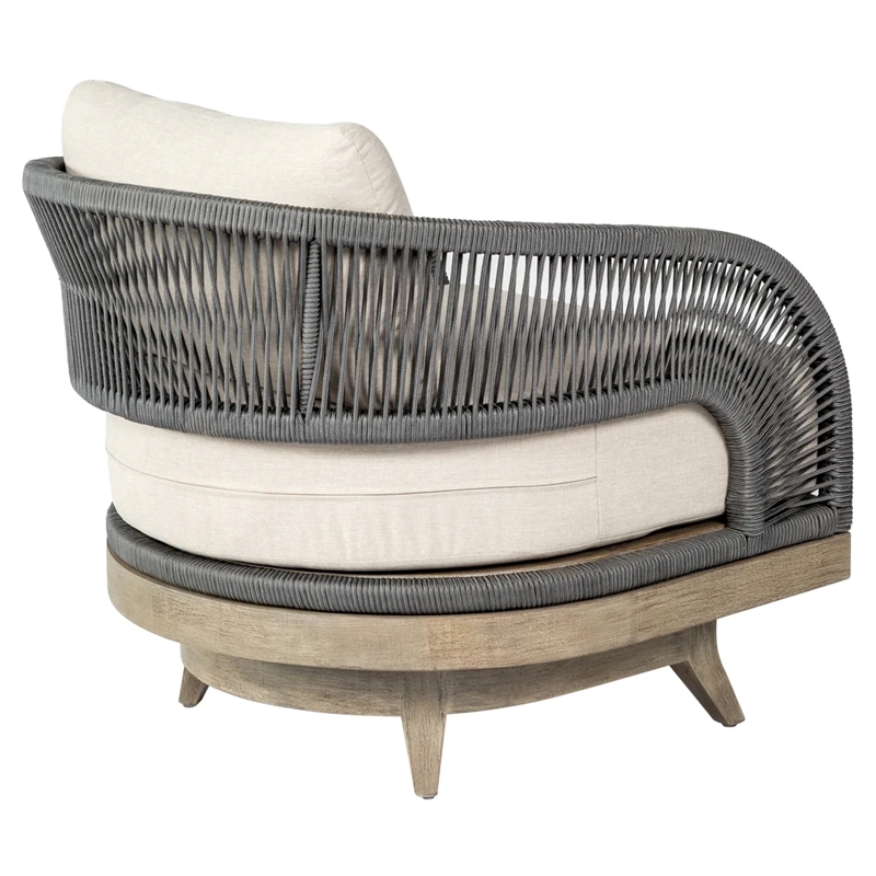 Orbit Swivel Outdoor Chair in Eucalyptus Wood with Gray Rope and Taupe Cushions