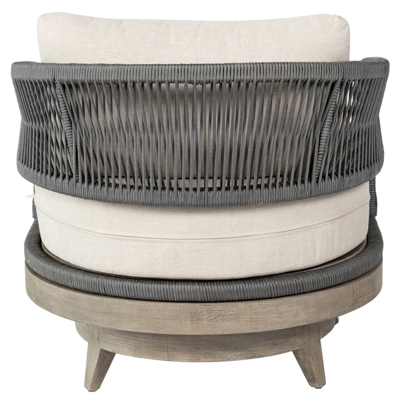 Orbit Swivel Outdoor Chair in Eucalyptus Wood with Gray Rope and Taupe Cushions