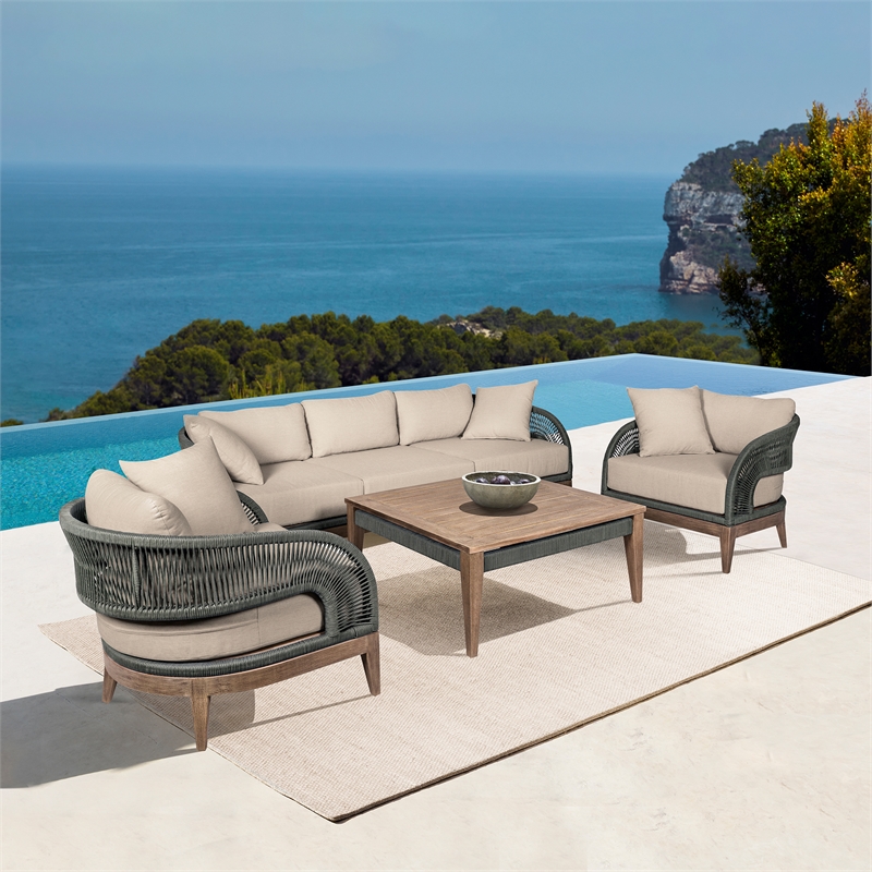 Glendora Beckham Outdoor 5 Piece Live Edge Dining Set in Eucalyptus and Rope