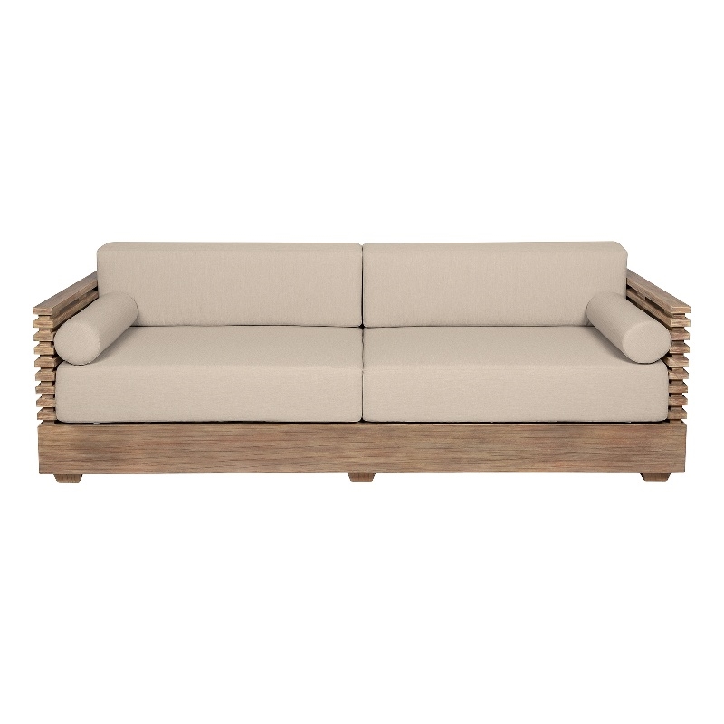Vivid Outdoor Patio Sofa in Light Eucalyptus Wood with Taupe Olefin Cushions