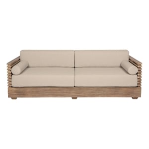 Vivid Outdoor Patio Sofa in Light Eucalyptus Wood with Taupe Olefin Cushions