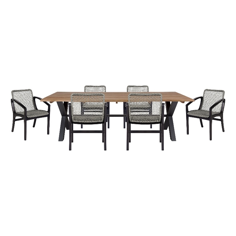 Glendora Beckham Outdoor 7 Piece Live Edge Dining Set in Eucalyptus and Rope