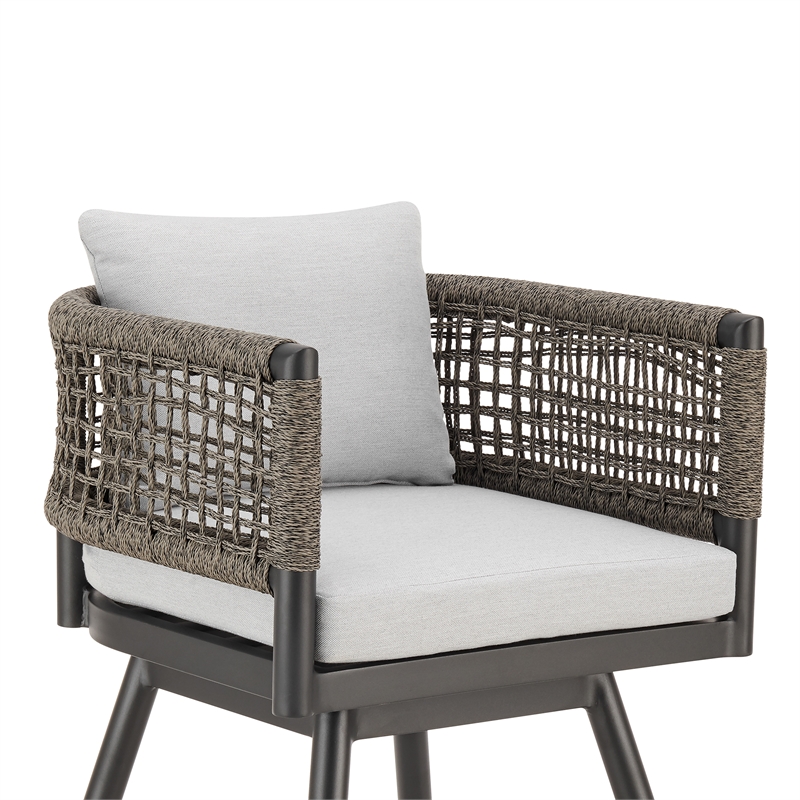 Alegria Outdoor Swivel BarStool in Aluminum with Gray Rope & Light Gray Cushions