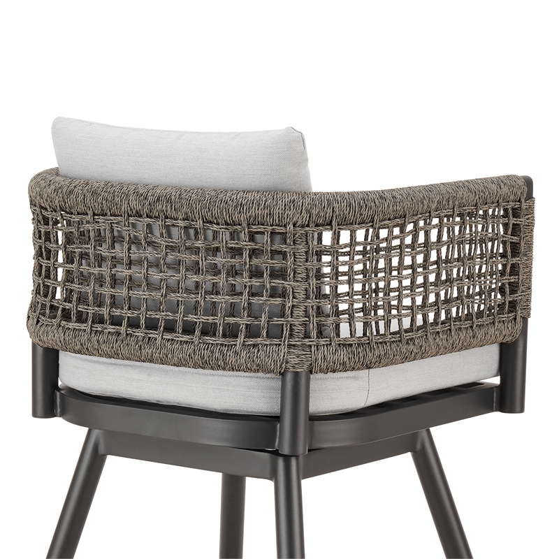 Alegria Outdoor Swivel BarStool in Aluminum with Gray Rope & Light Gray Cushions