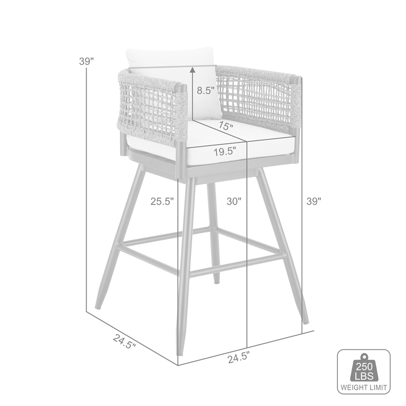 Alegria Outdoor Swivel BarStool in Aluminum with Gray Rope & Light Gray Cushions