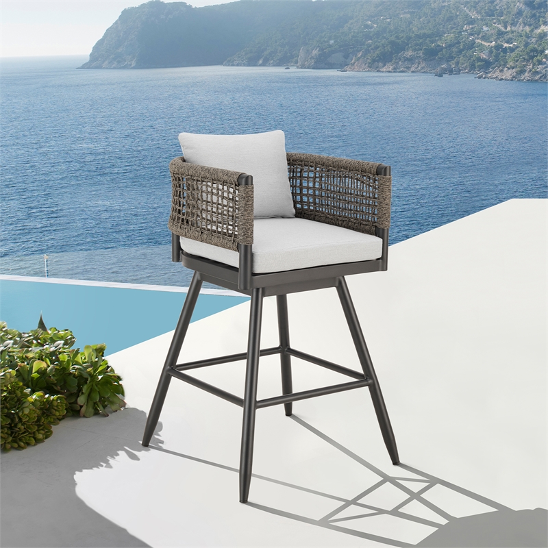 Alegria Outdoor Swivel BarStool in Aluminum with Gray Rope & Light Gray Cushions