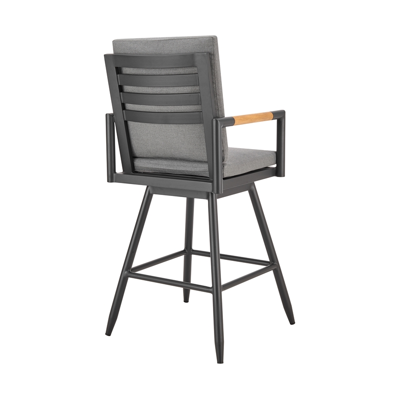 Crown Outdoor Swivel Bar Stool in Aluminum with Tan Rope & Dark Gray Cushions