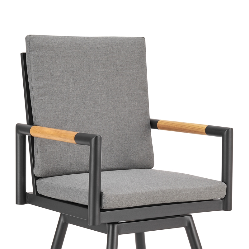 Crown Outdoor Swivel Bar Stool in Aluminum with Tan Rope & Dark Gray Cushions