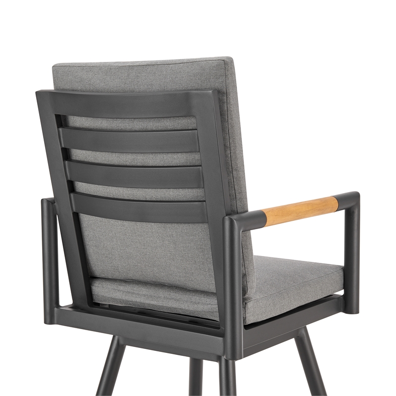Crown Outdoor Swivel Bar Stool in Aluminum with Tan Rope & Dark Gray Cushions