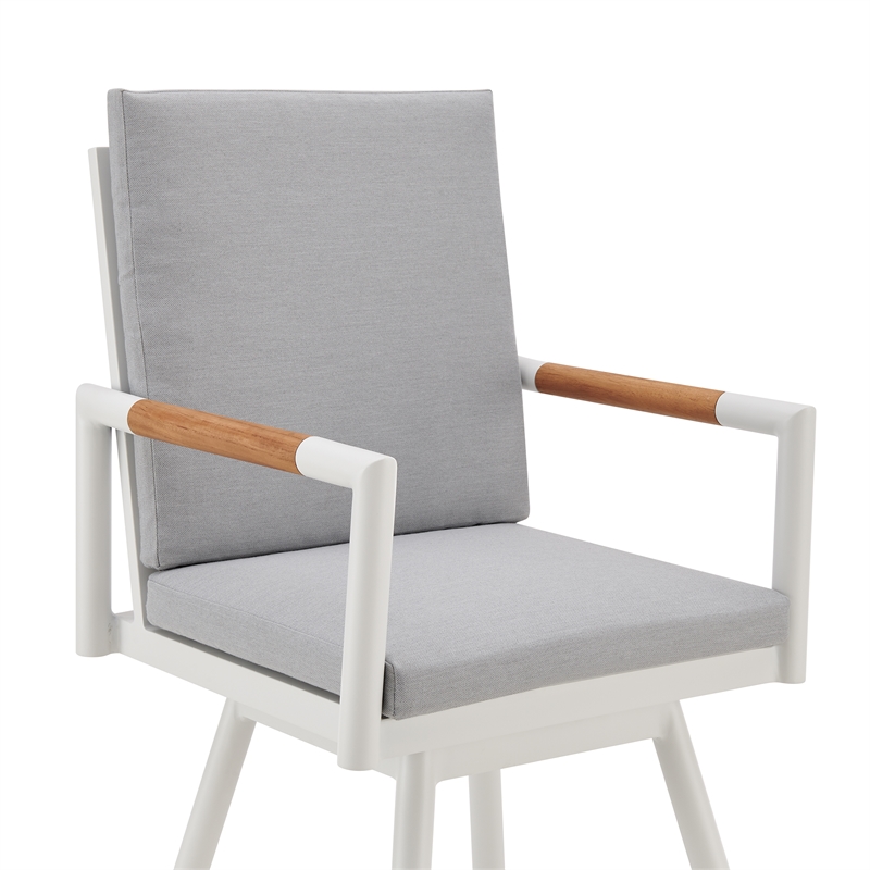 Crown Outdoor Swivel Bar Stool in Aluminum with Brown Rope & Light Gray Cushions